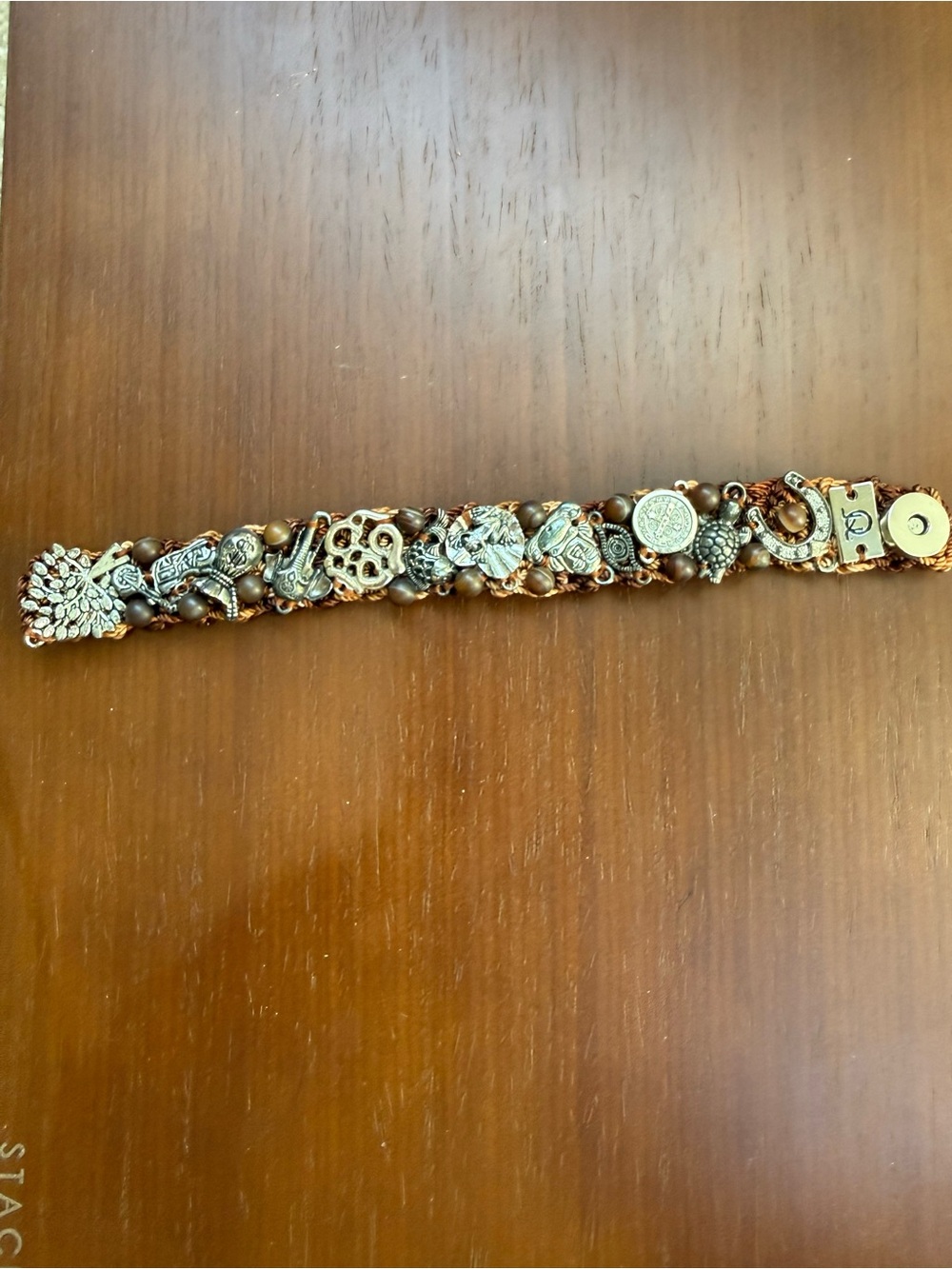 Brazaletes JQL Brown Woven Silver Tone Charm Bracelet